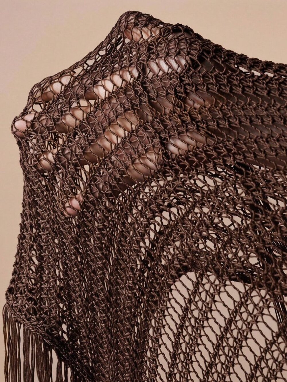 Rust Brown Elegant Women's Knit Off-Shoulder Tassel Cover-Up - Picture 3 of 11